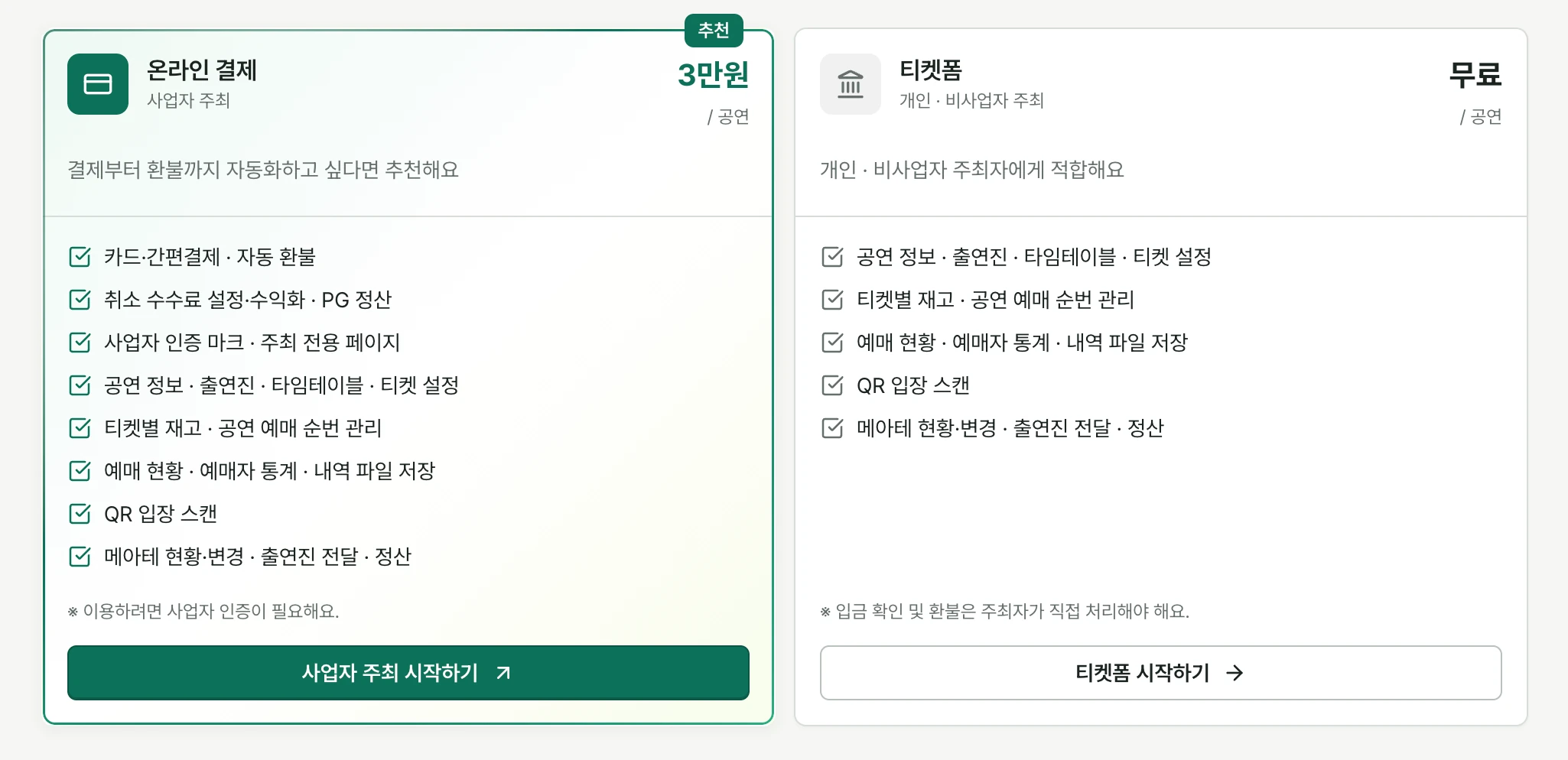주최 안내 화면에서 온라인 결제와 티켓폼의 이용료, 지원 기능과 주최자가 직접 처리할 업무를 비교하는 카드